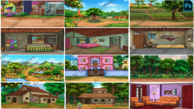 12 PSD High Quality Background Bundle ( Village ,Poor Room ,Market ,Jungle ,Top view ,Khet Background ,House Background )
