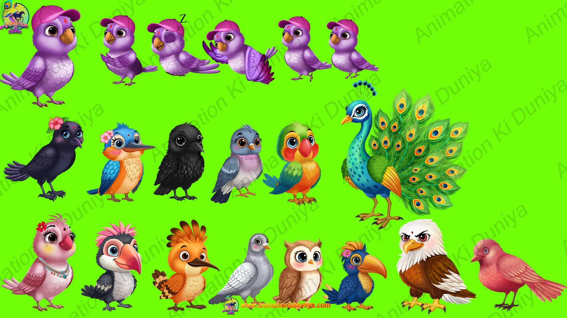 16 Birds Bundle set copy Ultimate Cartoon Birds Green Screen Mega Pack | Peacock, Parrot, Crow, Eagle, Owl & More | Jungle Characters Bundle - Image 1