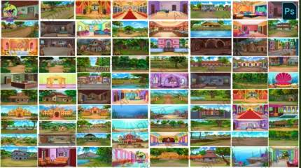 80+ Mega Cartoon Background Bundle PSD – Ultimate Collection of Village, Palace & Nature | Animation Ki Duniya