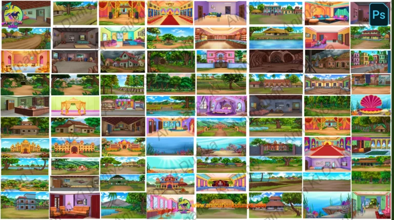 80+ Mega Cartoon Background Bundle PSD – Ultimate Collection of Village, Palace & Nature | Animation Ki Duniya