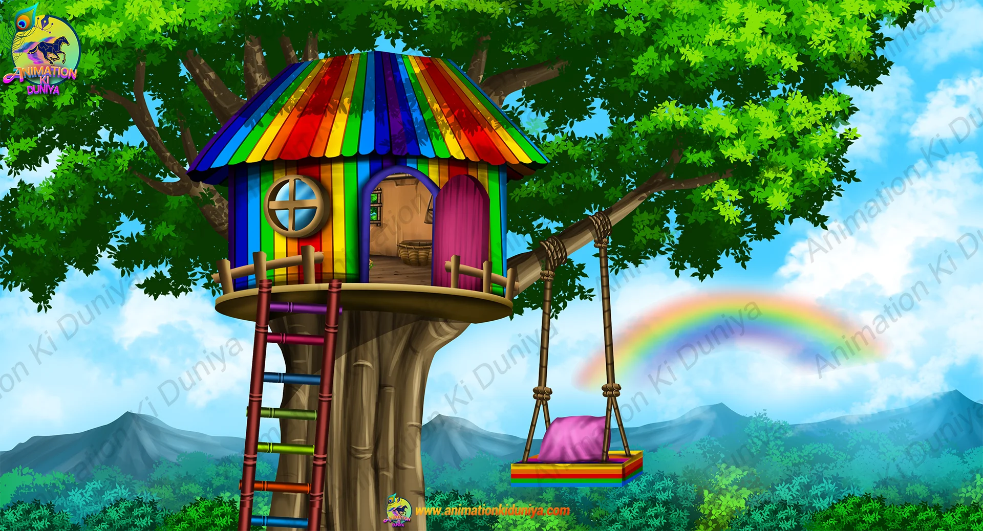 bird Rainbow house 1 copy Rainbow Tree House with Swing ( Birds ) PSD Background | Animation Ki Duniya - Image 1