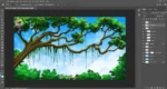 Cartoon Jungle Tree Branches ( Dall Tree Birds Background ) with Vines Background PSD - Image 3