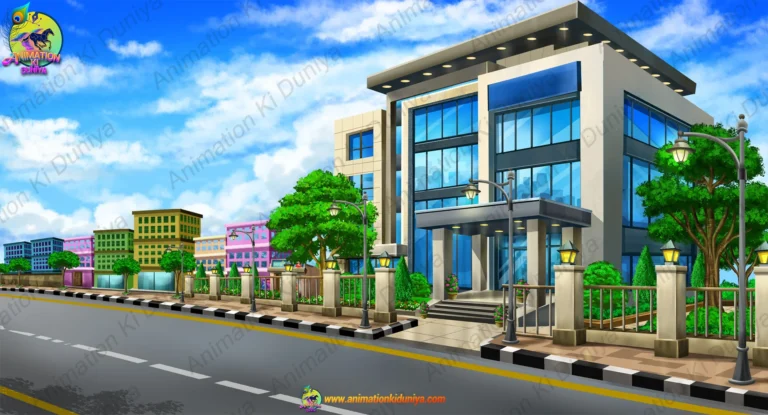 Modern Corporate Office Building Exterior PSD Background for Animation | Animation Ki Duniya