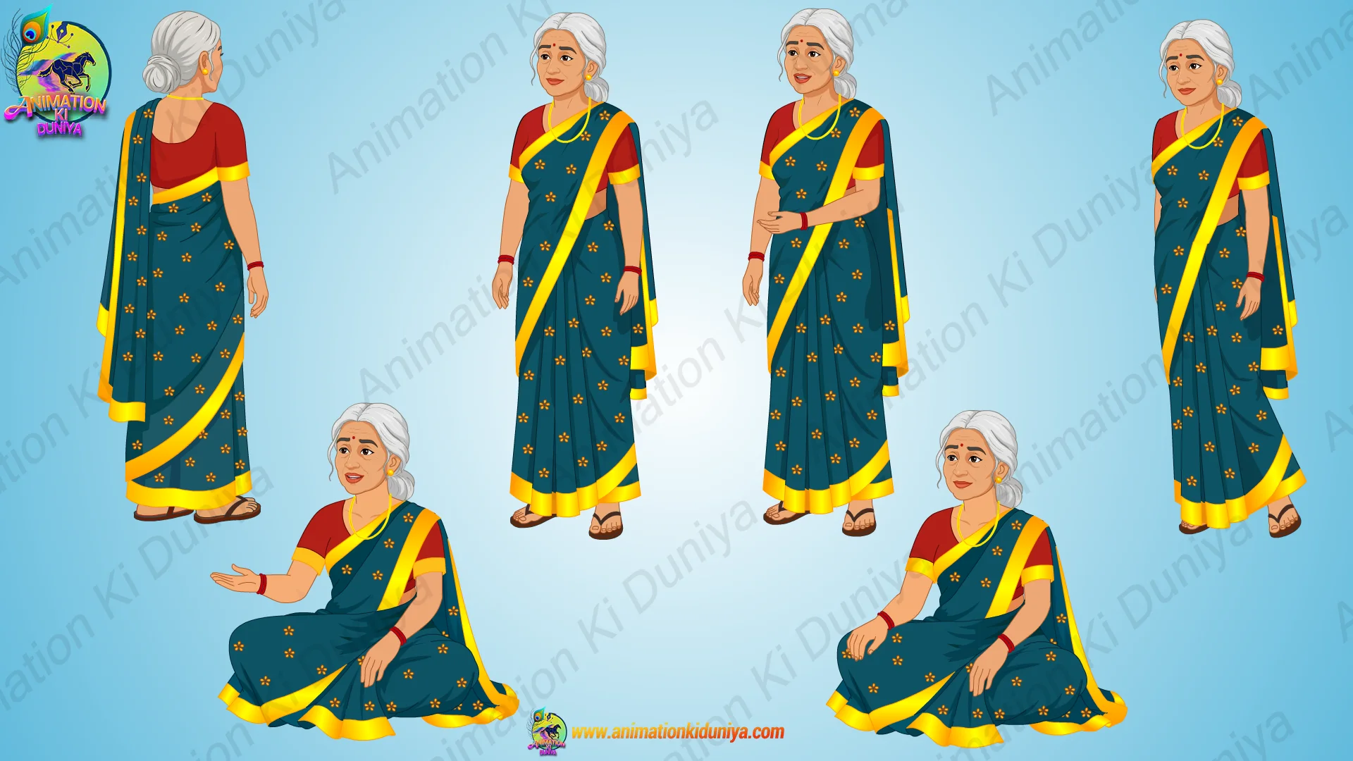 old-womann-3 Elderly Woman in Teal Saree Character Multi-Pose Set| Animation Ki Duniya - Image 1