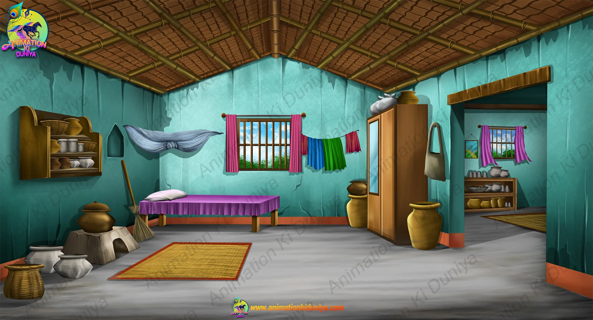 village home house int 2 Village House Interior Blue Room ( Inside Poor Room ) PSD Background | Animation Ki Duniya - Image 1