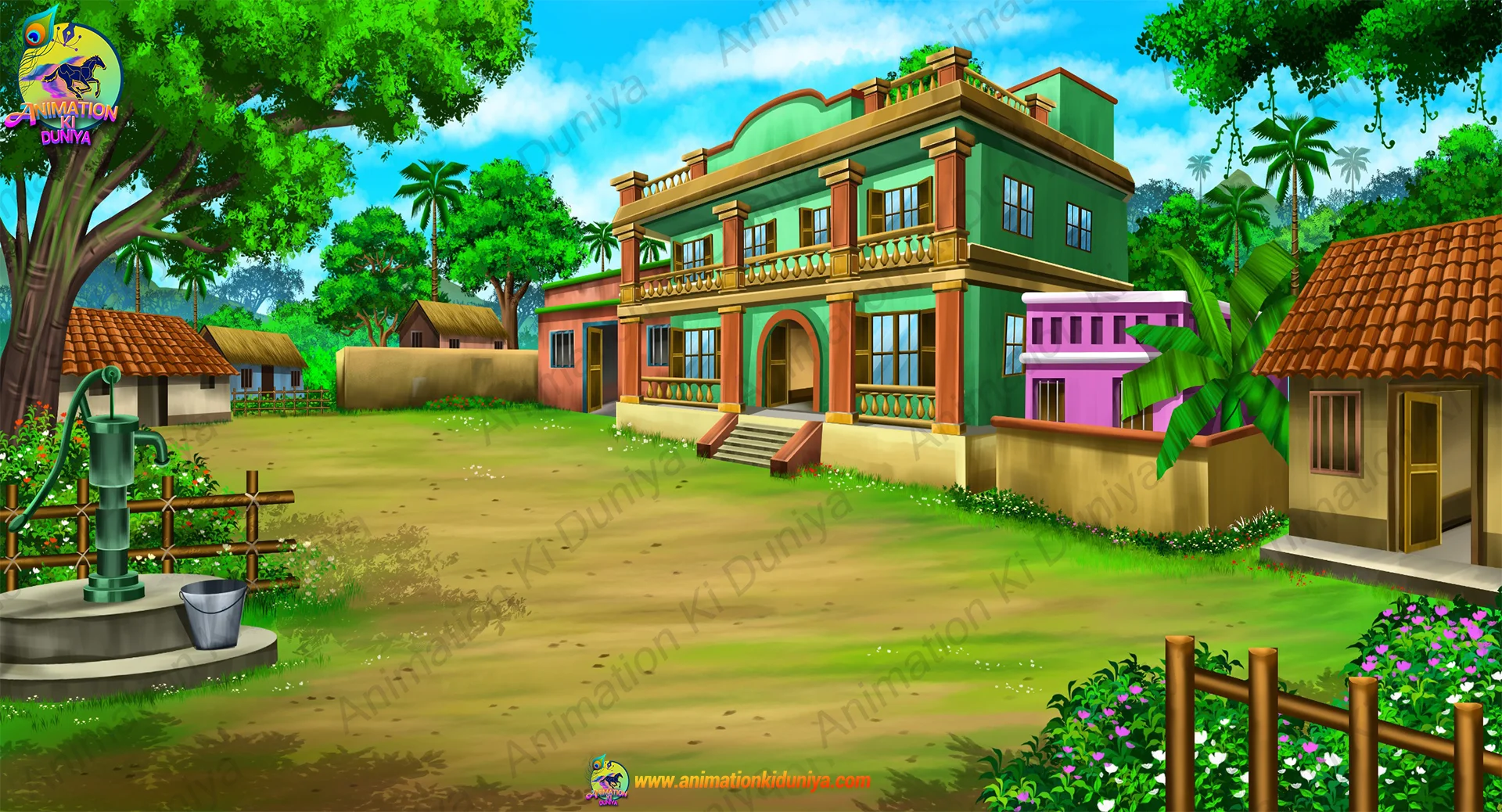 village raj bari (1).jpeg Indian Village Rajbari Mansion 2D Background | Animation Ki Duniya - Image 1
