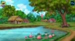Indian Village Pond & Temple Background with Mud Huts (PSD + PNG)