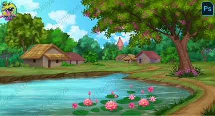 Indian Village Pond & Temple Background with Mud Huts (PSD + PNG)