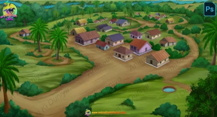 Indian Village Top View Landscape with Mud Huts & River (PSD + PNG)