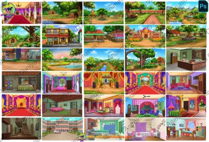 30 Background Bundle PSD – Royal Palace, Village, Hospital, School, Forest & Modern Interiors