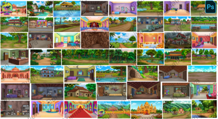 52 PNG Cartoon Background Bundle – Royal Palace, Indian Village, Forest, Factory, Mandir & Room Scenes