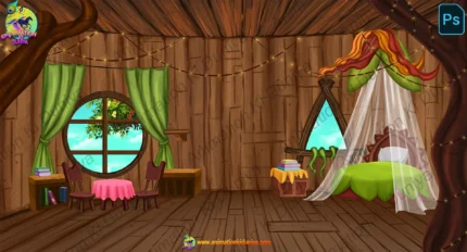 2D Cartoon Fantasy Treehouse Bedroom Interior Background (PSD & PNG )