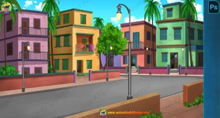 Urban City Street & Colorful Apartments Background (PSD & PNG)