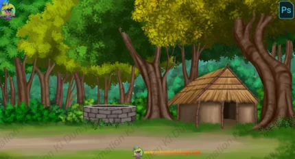 Village Hut & Stone Water Well in Jungle 2D Background(PSD & PNG)
