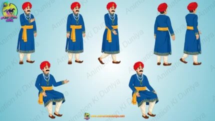 2D Cartoon Royal Mantri Character Sheet with Red Pagri for Animation