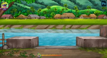 Village River Ghat Landscape Cartoon Background(PSD & PNG)
