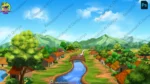 Top View Village River and Bridge 2D Cartoon Background (PSD & PNG)