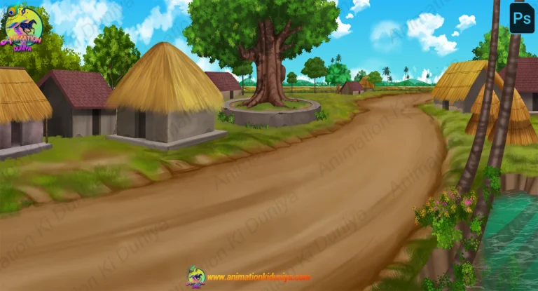 Indian Village Mud Road Cartoon Background(PSD & PNG)
