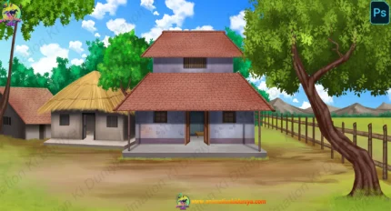 Indian Village Big House Cartoon Background(PSD & PNG)