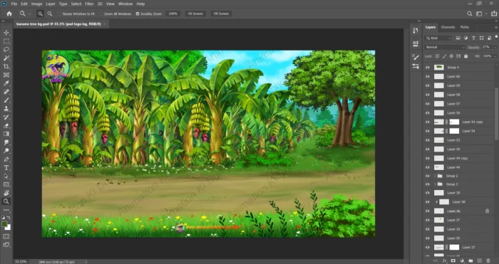 Banana Tree Orchard Cartoon Background PSD | Kele Ka Bagicha 2D ...