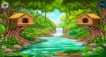 2D Cartoon Jungle River Background with Bird Treehouse & Waterfall (PSD & PNG )