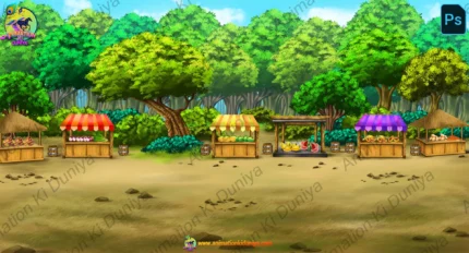 2D Cartoon Jungle Market Background with Fruit & Vegetable Stalls (PSD & PNG)