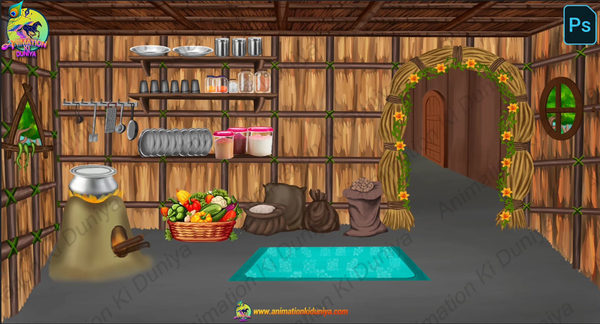 birds bg 3 Birds Story Village Kitchen Interior Background (PSD & PNG) - Image 1