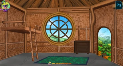 Birds Story Wooden Hut / Tree House Bedroom Interior Background (PSD & PNG)