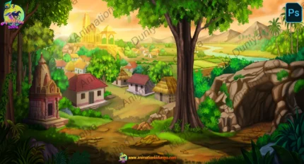Cinematic Indian Village & Ancient Temple Landscape Background (PSD & PNG)