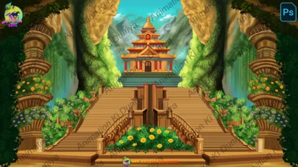 Fantasy Ancient Cave Temple ( Mandir )& Grand Staircase Background(PSD & PNG)