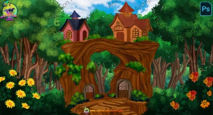 Enchanted Treehouse Village & Forest Archway Background(PSD & PNG)