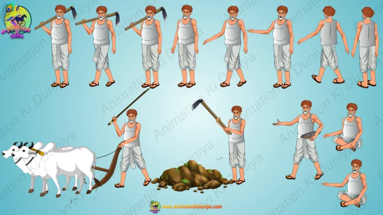 Indian Village Farmer / Kisaan 2D Character Rigged FLA File with Oxen & Farming Tools