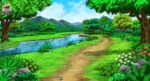 2D Cartoon Jungle Background with Flowing River & Path(PSD & PNG)