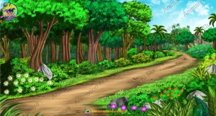 2D Cartoon Forest Road Background with Trees & Flowers (PSD & PNG)