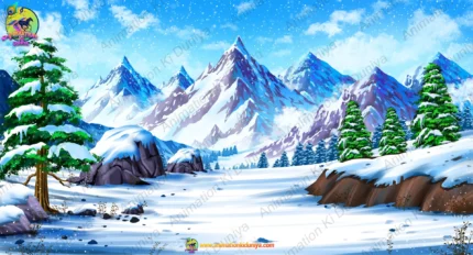 2D Cartoon Snow Mountain & Pine Trees Background(PSD & PNG)