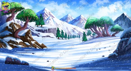 2D Cartoon Snow Mountain & Fantasy Trees Background(PSD & PNG)