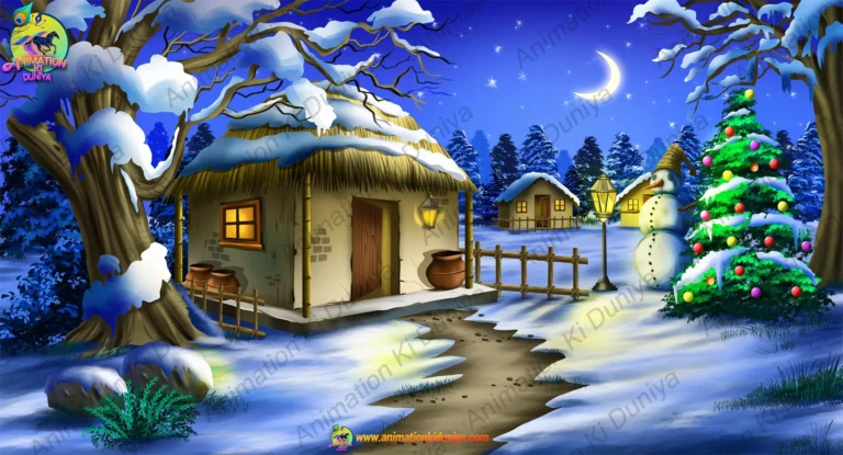 2D Cartoon Winter Night Village & Christmas Tree Background(PSD & PNG)
