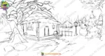 2D Cartoon Winter Night Village & Christmas Tree Background(PSD & PNG) - Image 2