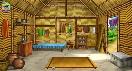 2D Cartoon Poor Bamboo Hut Interior Background(PSD & PNG)