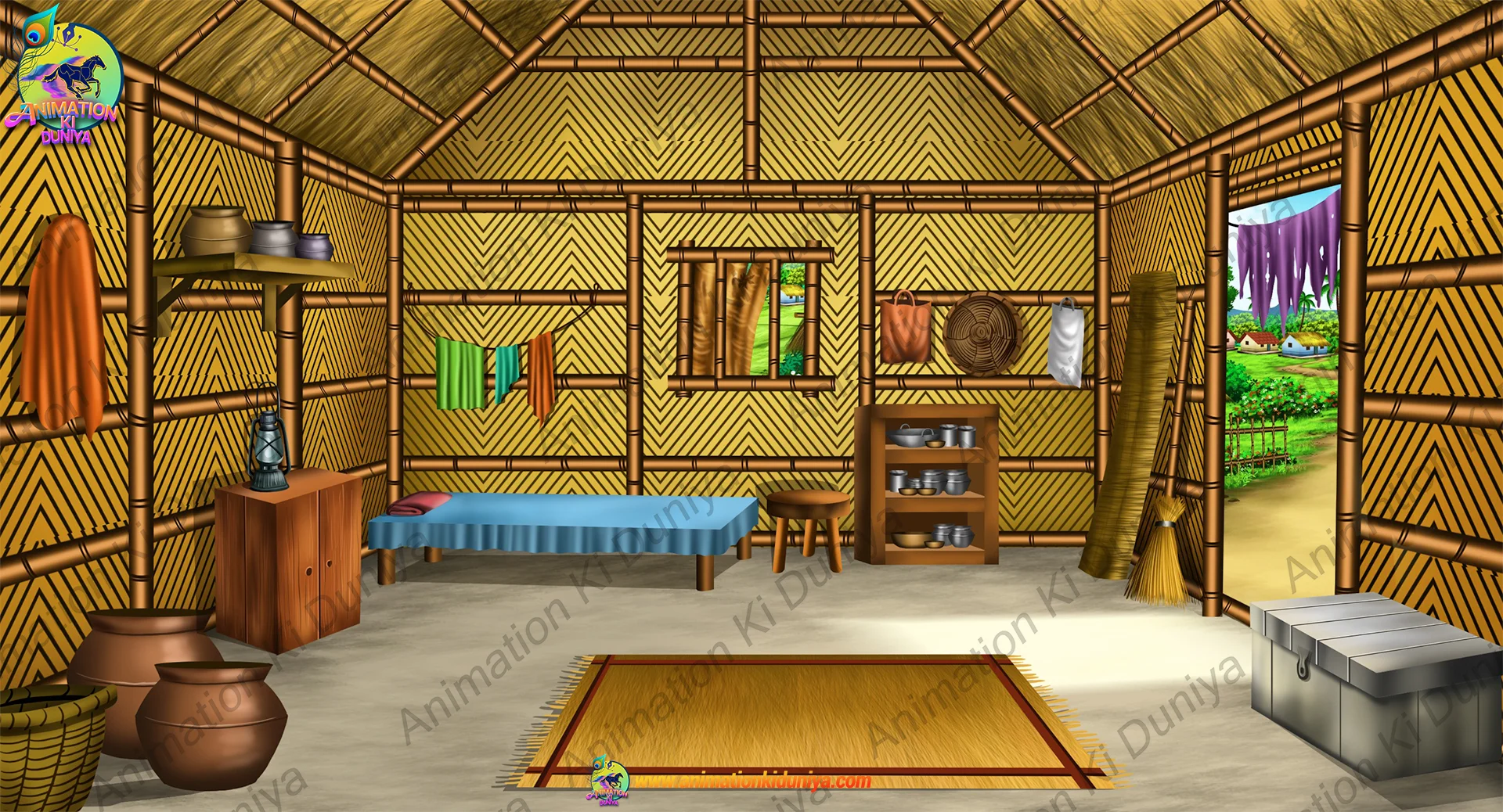 poor man house int 2D Cartoon Poor Bamboo Hut Interior Background(PSD & PNG) - Image 1