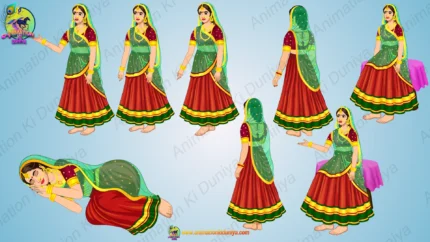 Royal Indian Maharani / Queen ( Rani ) in Red-Green Lehenga 2D Character