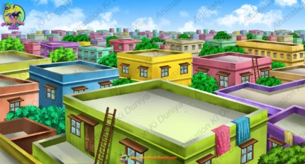 Rooftop House Terrace Day & Night Cartoon Background(PSD & PNG)