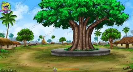 Village Square Banyan Tree Cartoon Background(PSD & PNG)