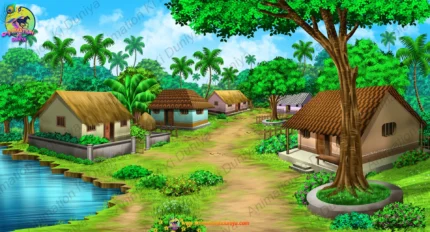Green Village Houses Cartoon Background(PSD & PNG)