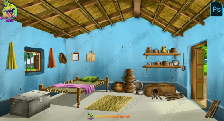 Indian Village Poor House Interior Cartoon Background(PSD & PNG)