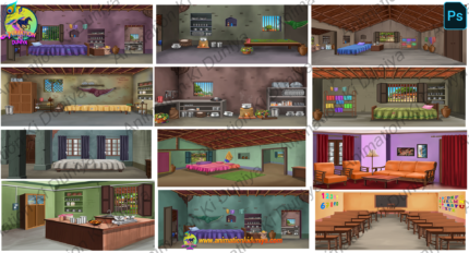 Indian Village Poor Room & Kitchen PSD Bundle – Layered 2D Cartoon House Interior Backgrounds