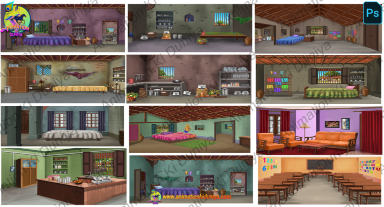 Indian Village Poor Room & Kitchen PSD Bundle – Layered 2D Cartoon House Interior Backgrounds
