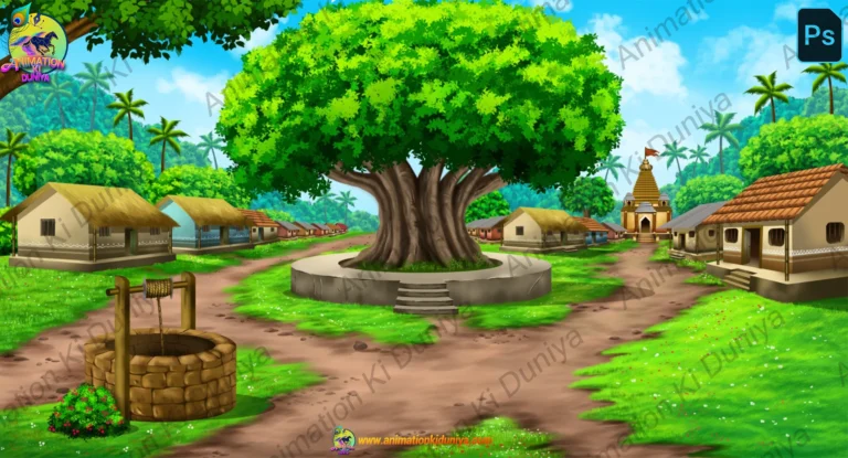 Village Chopal, Well and Temple Cartoon Background(PSD & PNG)