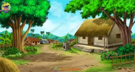 Indian Village Hut Cartoon Background(PSD & PNG)