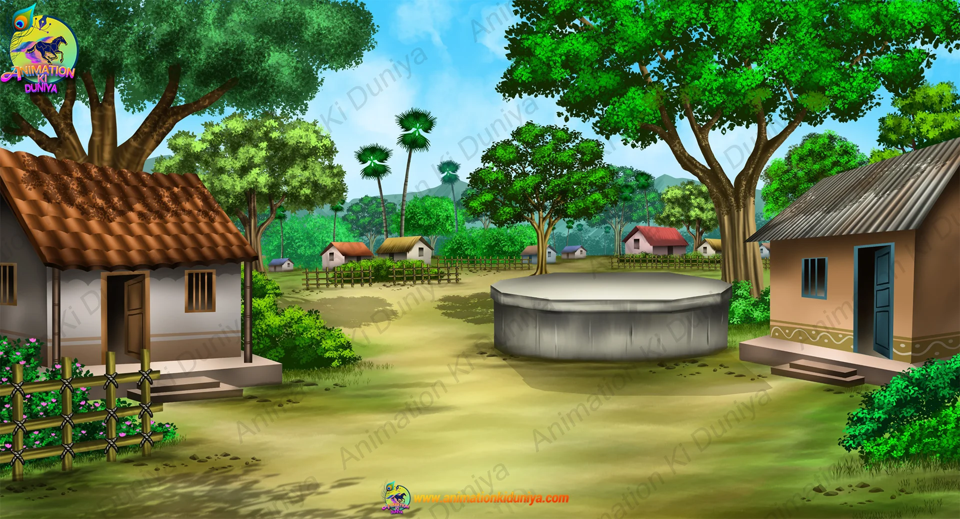 villge 4 Indian Village and Water Tank Cartoon Background(PSD & PNG) - Image 1